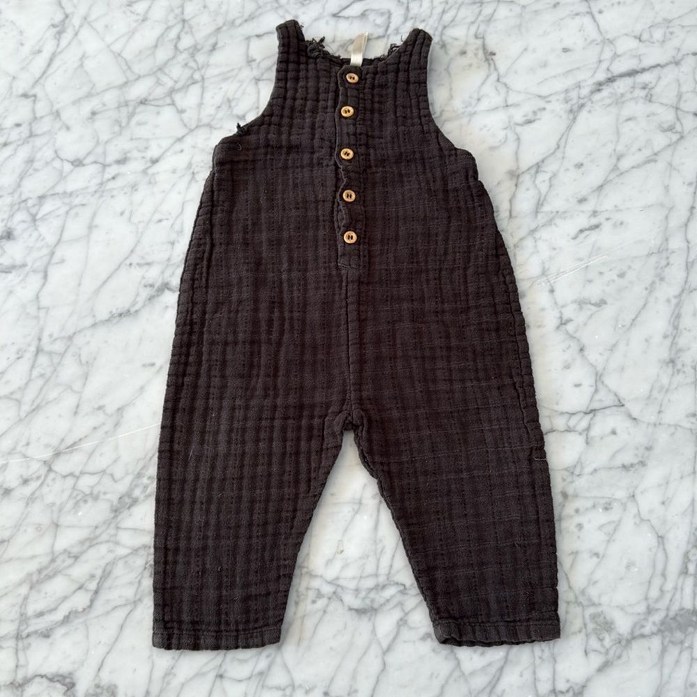 Rylee + Cru Gauze Distressed Romper Overalls Black Sz 12-18 Mo